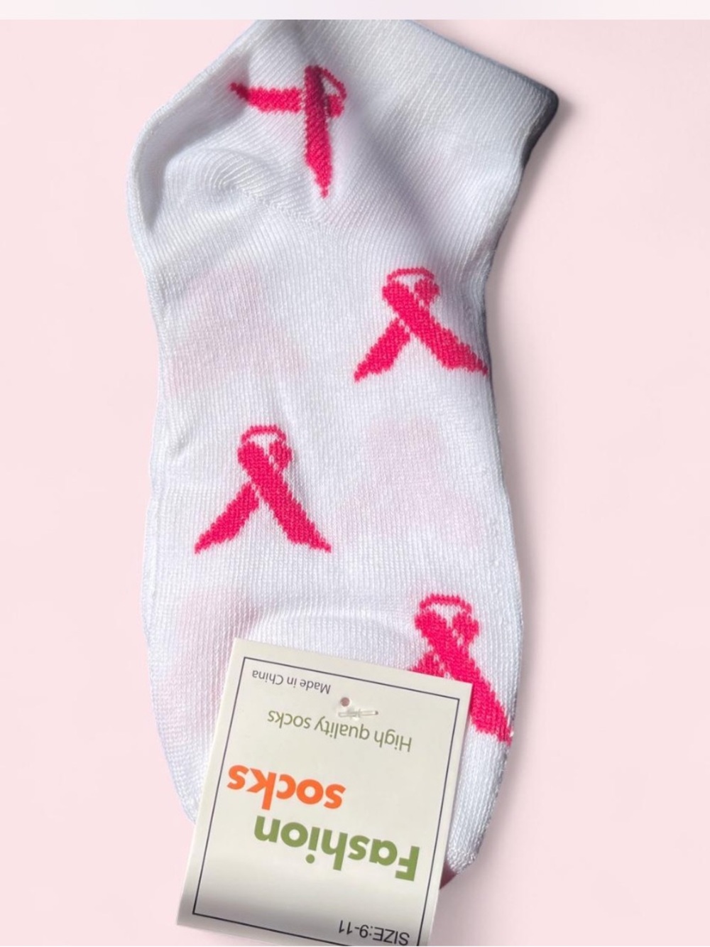 Breast Cancer Awareness White Ankle Socks with Pink Ribbon Pattern -